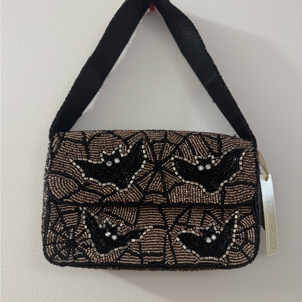 Elegant Black and Brown Bat Design Beaded Women's Bag